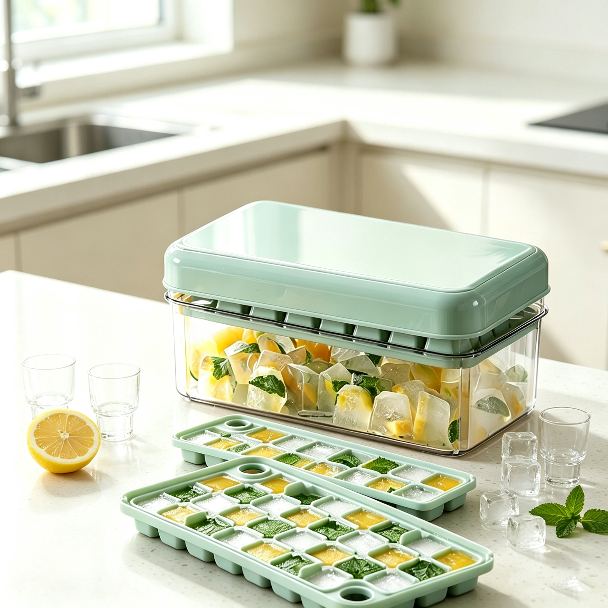 Press Ice Cube Tray with Lid & Storage Box