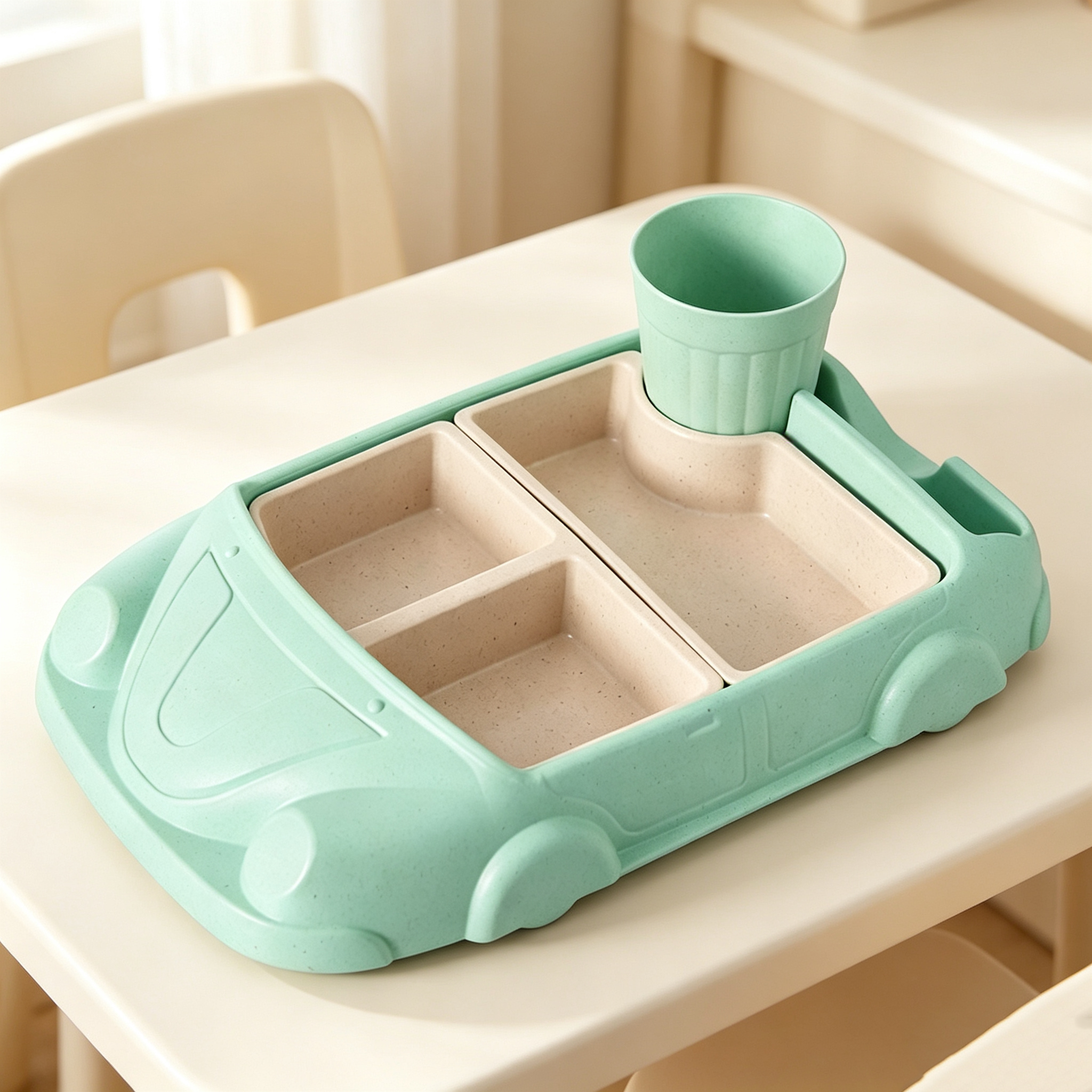 Wheat Straw Car Shape Kids Divided Plate with Cup