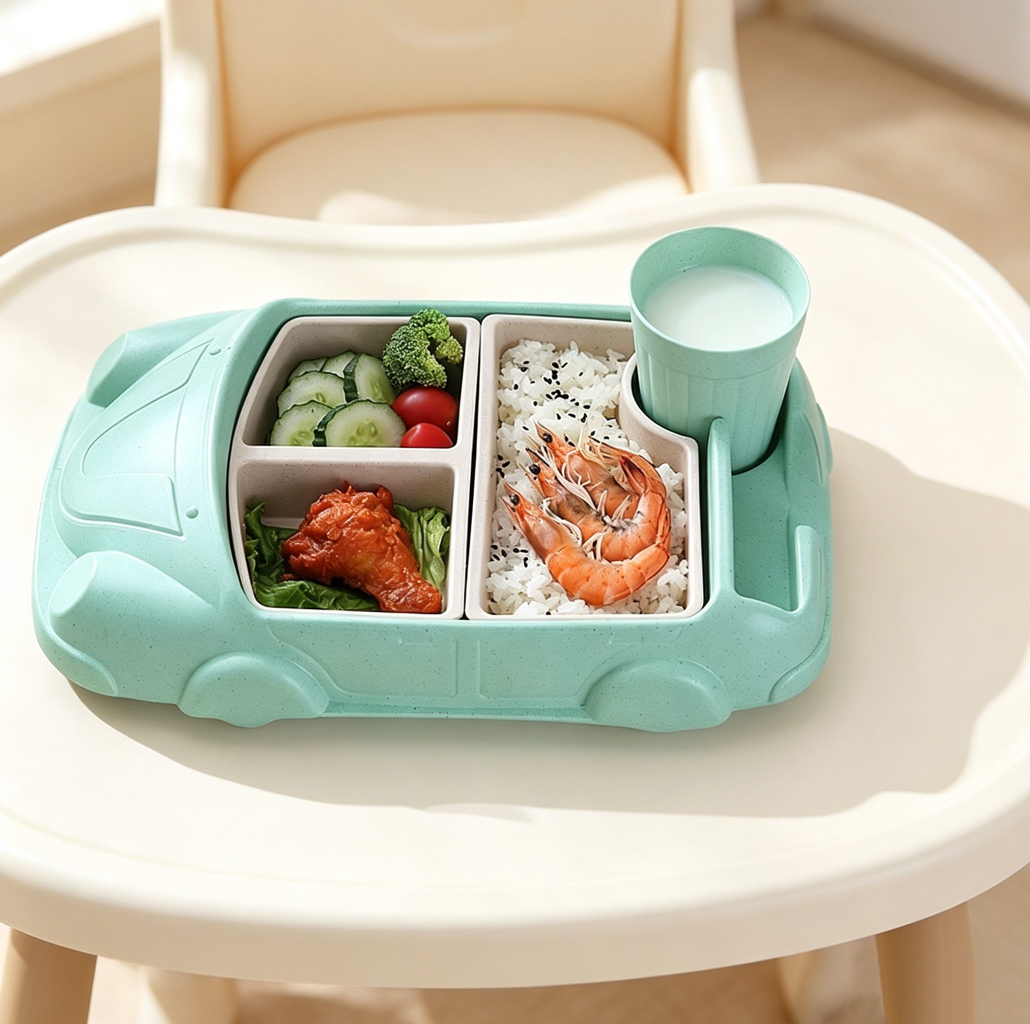 Wheat Straw Car Shape Kids Divided Plate with Cup